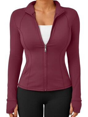 Women's Red Zip Up Lightweight Jackets Hoodies Gym Clothes Slim 2 Pockets